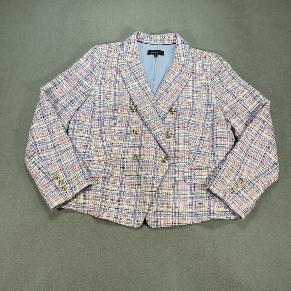 Talbots Tweed Blazer Plaid Pink White Blue Women's Size 14 Preppy Office Boss